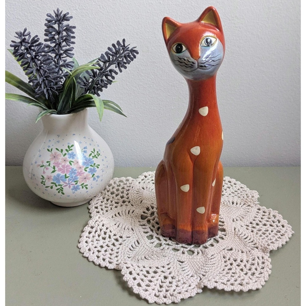 Vintage Hand Painted Wooden Cat Figurine, Mid Century Modern Cat Statue